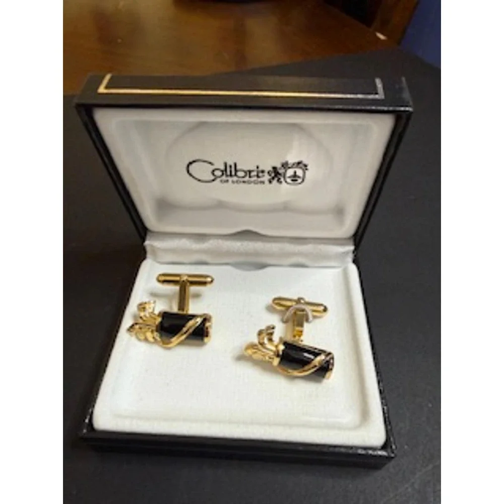 Vintage‎ Colibri of London Golf Bag Cufflinks - Gold Tone and Black Onyx NEW NOS